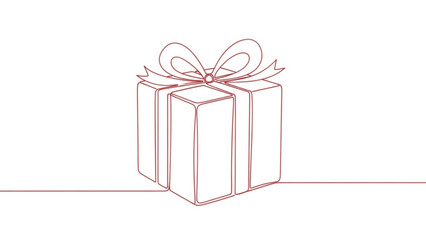 Gift with a Delicate Bow: A simple, continuous line drawing elegantly portrays a wrapped gift adorned with a graceful bow, emphasizing the beauty of simplicity and the anticipation of giving.