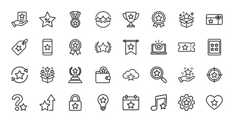 Rewards and ratings line icon set. Vector pictograms of star, trophy, medal, badge, gift, review, discount, premium, achievement, thin outline illustration.