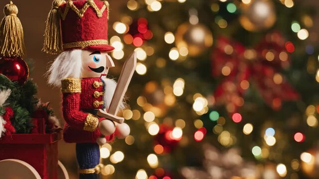 Animated close up of a knitted nutcracker doll in red and blue uniform holding sword near festive Christmas tree with bokeh lights and bows.