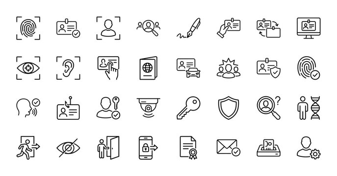 Security and identification line icon set. Vector pictograms of fingerprint, id card, passport, shield, key, face scan and biometrics, thin outline illustration.