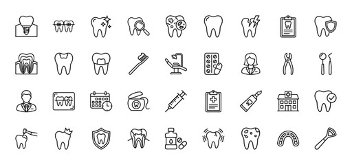 Fototapeta premium Dental line icon set. Vector pictograms of tooth, implant, braces, dentist chair, tools, x-ray, floss, toothpaste, clinic and oral hygiene, thin outline illustration.