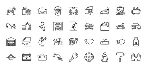 Car painting and detailing line icon set. Vector pictograms of spray gun, air compressor, mask, auto body repair tools, thin outline illustration.