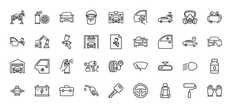Car painting and detailing line icon set. Vector pictograms of spray gun, air compressor, mask, auto body repair tools, thin outline illustration.