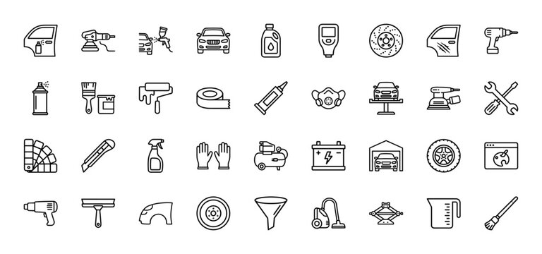 Car painting and auto detailing line icon set. Vector pictograms of spray gun, polisher, masking tape, compressor, lift, mask and repair tools, thin outline illustration.