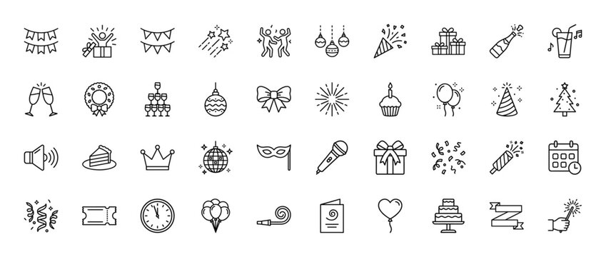 Celebration and party line icon set. Vector pictograms of gift, balloon, champagne, cake, firework, confetti, disco ball, mask, wreath, tree, thin outline illustration.