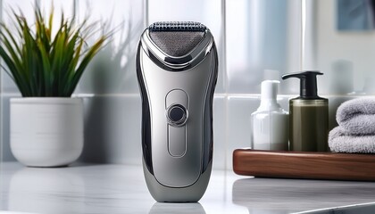 modern electric shaver standing on bathroom countertop