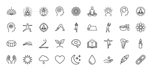 Fototapeta premium Yoga and meditation line icon set. Vector pictograms of lotus, asana, mandala, mindfulness, mat, candle, singing bowl and wellness, thin outline illustration.