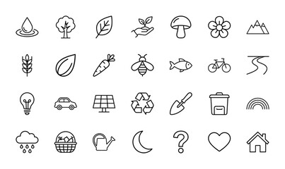 Fototapeta premium Nature and ecology line icon set. Vector pictograms of water, tree, leaf, plant, recycle, bee, bicycle, house, rain, heart, thin outline illustration.