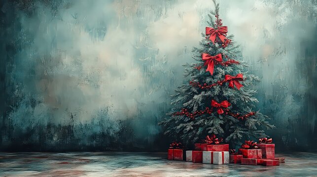 Drawing of evergreen Fir tree. Green background For Holiday Greeting Cards and New Year Invitations.
