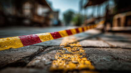 Colorful tape marks off wet street area during daytime events
