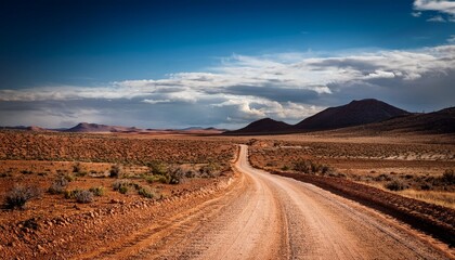 Fototapeta premium road runs through a dry barren landscape the road is dirt and the sky is dark