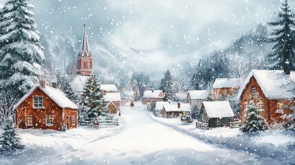Christmas and New Year season with village. Background design for invitation, card, social post, cover, sale banner, advertisement.