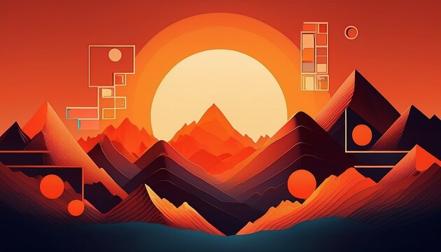 mountain range with a large orange sun in the sky the sun is surrounded by a series of squares and circles - Powered by Adobe