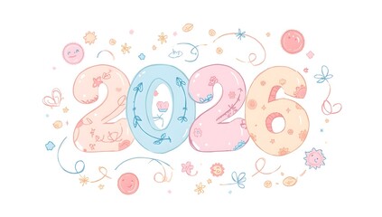 Whimsical cartoon illustration of 2026 with round shapes, pastel colors (pink, blue), and stars. Perfect for kids' cards, family greetings, gaming apps, and social media decoration