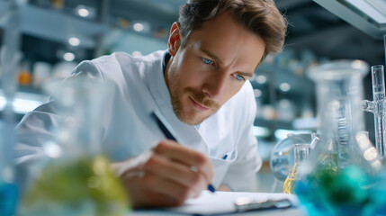 Male faceless scientist working diligently in modern science laboratory, conducting experiments and analyzing data with advanced equipment, representing innovation and research in 