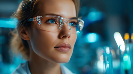 Focused female faceless scientist wearing safety eyeglasses conducting experiment in advanced laboratory with azure lighting, representing innovation and research, defocused scient