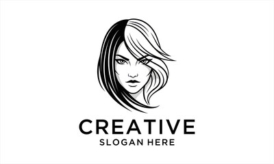 Elegant Womans Face with Striking Hairstyle Logo Design.