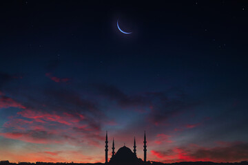 Muslim mosque silhouette and the moon in the night sky. Ramadan festive, islam religion. High quality photo