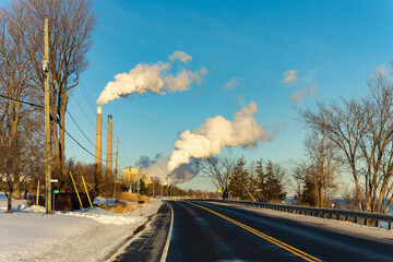 view of the smoke stacks from the road 
