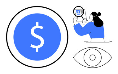 Financial security. Financial security ed by a dollar symbol, identity verification process, and surveillance eye icon. Financial security for banking, fintech, cybersecurity, identity protection