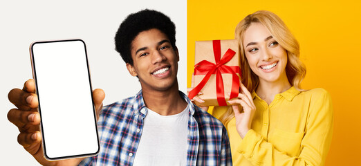 Two friends hold a gift and a smartphone in a lively environment. One friend smiles brightly while...