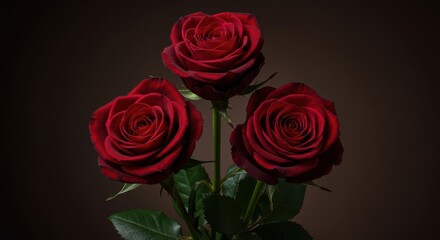 Fototapeta premium A classic grouping of three intensely dark red roses, featuring rich velvety petals and deep romantic symbolism on a neutral background ,velvet ,romantic ,romance