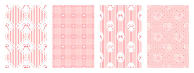 Cute pink coquette seamless pattern set. Girly wrapping paper for birthday, Valentine and holidays. Texture with heart, bow and ribbon elements. Checkered and striped backgrounds. Vector illustration © accogliente