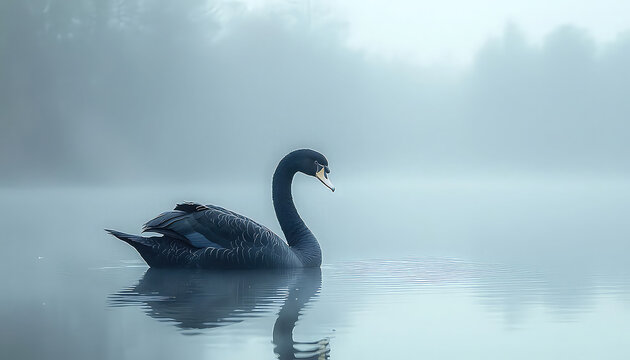 Elegant composition of a black swan on a misty lake, emphasizing mystery and elegance