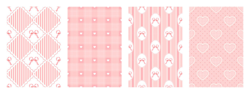 Cute pink coquette seamless pattern set. Girly wrapping paper for birthday, Valentine and holidays. Texture with heart, bow and ribbon elements. Checkered and striped backgrounds. Vector illustration