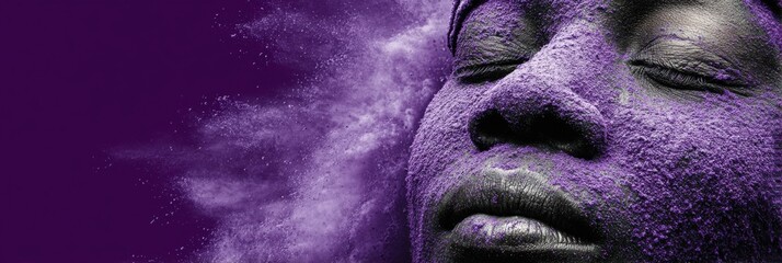 Person’s head immersed in purple pigments, eyes closed. Epilepsy awareness,  support, inclusion during Purple Day initiatives