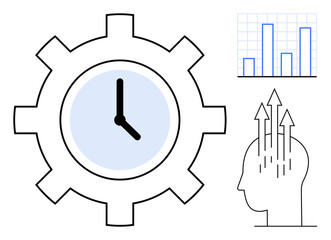 Time management concept. A gear with a clock efficiency, a growth chart shows progress, and a mind with arrows highlights focus. Useful for business, personal development, education, productivity