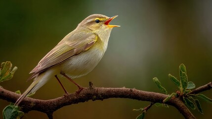Fototapeta premium Willow Warbler singing from treetop in soft spring light, green-yellow tones captured in detail