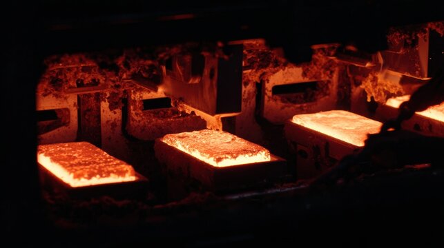 Midrange footage capturing hotbox core making with glowing resincoated sand being cured rapidly in mold assembly line.