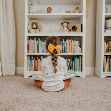 Ni&ntilde;a peque&ntilde;a con trenza y lazo amarillo leyendo libro ilustrado en habitaci&oacute;n infantil con estanter&iacute;a blanca llena de cuentos, peluches y decoraci&oacute;n acogedora que fomenta el h&aacute;bito de lectura infantil