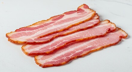 Obraz premium Slices of crispy cooked beef bacon isolated on a solid white surface. Delicious high-protein breakfast food ready to eat for a savory meal ,white ,cooked ,background