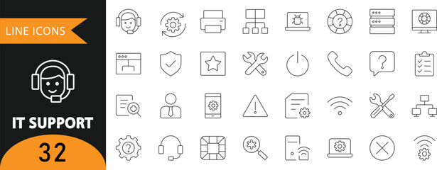 A clean vector set of 32 IT support line icons featuring help desk symbols, tools, security shields, networking elements, and troubleshooting visuals. Ideal for technical service presentations, IT tra