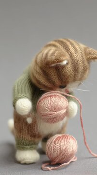 Un adorable gatito tejido sostiene un ovillo de lana rosa.