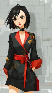 Una joven con un kimono moderno y botas de tac&oacute;n alto, posando en un fondo urbano estilizado.