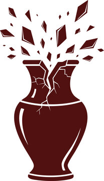 Dark red silhouette of a vase shattering into sharp, flying fragments, symbolizing loss, failure, irreparable damage, or emotional breakdown.