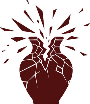 Dark red silhouette of a vase shattering into sharp, flying fragments, symbolizing loss, failure, irreparable damage, or emotional breakdown.