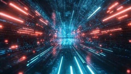 Abstract flying through futuristic digital tunnel with glowing data - Powered by Adobe