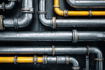 Naklejka premium Abstract close-up of a complex industrial pipe network. Shiny silver and bright yellow metal pipes symbolizing industry, infrastructure, fluid transfer, and connection.