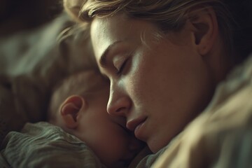 Soft, intimate close-up of a tired new mother resting with her newborn baby nestled against her cheek, symbolizing maternal bond, peaceful sleep, unconditional love, and the quiet beauty of motherhood