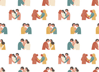 Fototapeta premium A seamless pattern featuring affectionate couples, with a white background backdrop of cuddling romantic pairs or hugging men and women, hand‑drawn for textile prints and wrapping paper