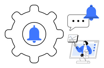 Notification settings. Notification bell inside a gear alerts and customization. Notification management for user experience, communication, task organization, productivity tools
