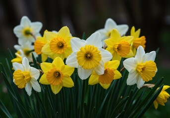 Fototapeta premium A vibrant cluster of yellow and white daffodils blooming brightly in the morning sunlight, signaling the fresh and cheerful arrival of spring season ,seasonal ,green ,macro