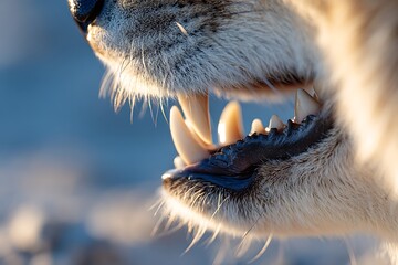 Extreme close up of a dog's snout showing sharp, exposed canines and teeth in a snarl or open mouth, symbolizing aggression, warning, wild nature, and raw instinct.