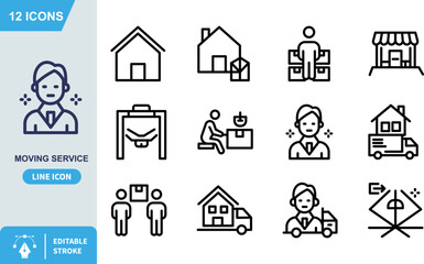 Clean service worker icon rendered in a modern blue line style depicts a professional individual with sparkles indicating cleanliness and high standards suitable for moving service applications or ge