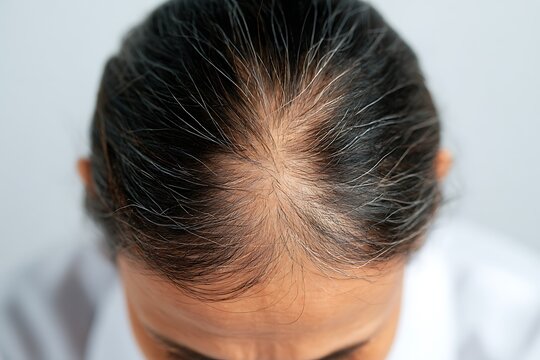 Top down view of a person's scalp showing thinning hair and visible gray roots along the part line, symbolizing early stage alopecia, hair loss, and aging concerns.