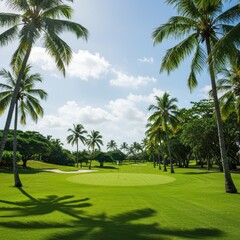 Fototapeta premium Lush green golf course fairway framed by towering tropical palm trees under a bright sunny sky, perfect for vacation leisure and sport ,sky, outdoor, vacation